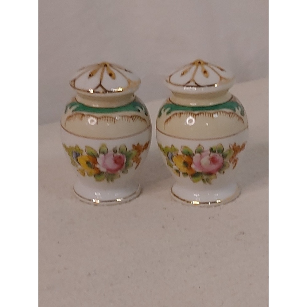 Japanese salt and pepper shakers‎ Ceramic Green Floral design VTG Japan